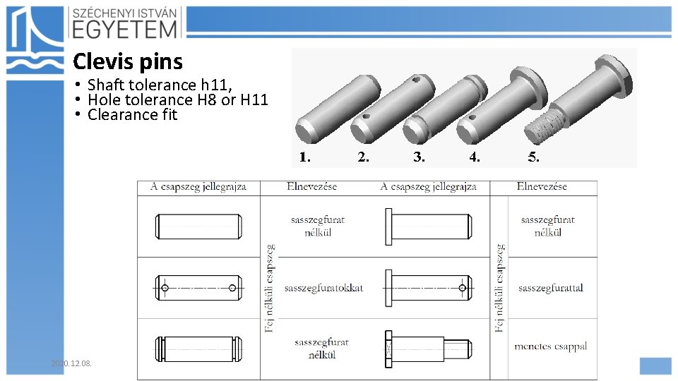 Clevis pins • Shaft tolerance h 11, • Hole tolerance H 8 or H