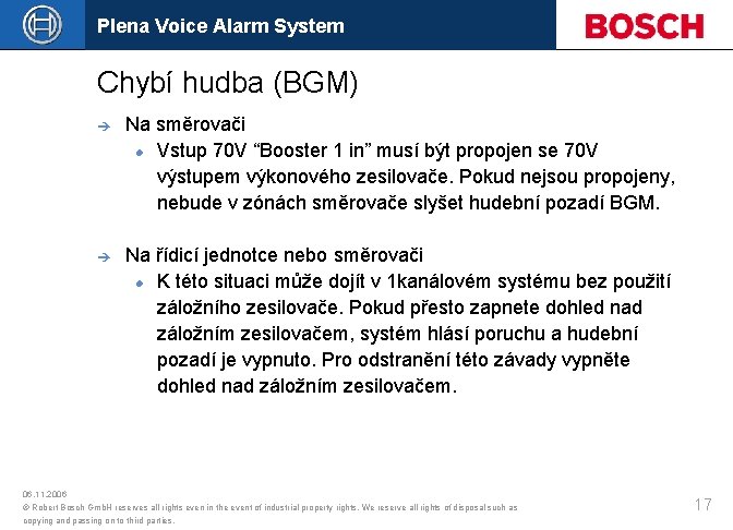 Plena Voice Alarm System Chybí hudba (BGM) è Na směrovači Vstup 70 V “Booster