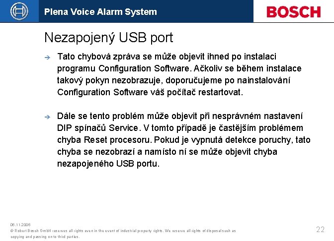 Plena Voice Alarm System Nezapojený USB port è Tato chybová zpráva se může objevit