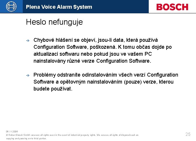 Plena Voice Alarm System Heslo nefunguje è Chybové hlášení se objeví, jsou-li data, která