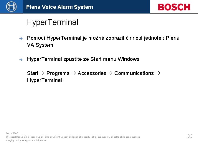 Plena Voice Alarm System Hyper. Terminal è Pomocí Hyper. Terminal je možné zobrazit činnost