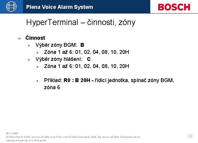 Plena Voice Alarm System Hyper. Terminal – činnosti, zóny è Činnost Výběr zóny BGM: