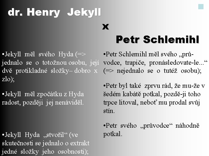 dr. Henry Jekyll x Petr Schlemihl • Jekyll měl svého Hyda (=> • Petr
