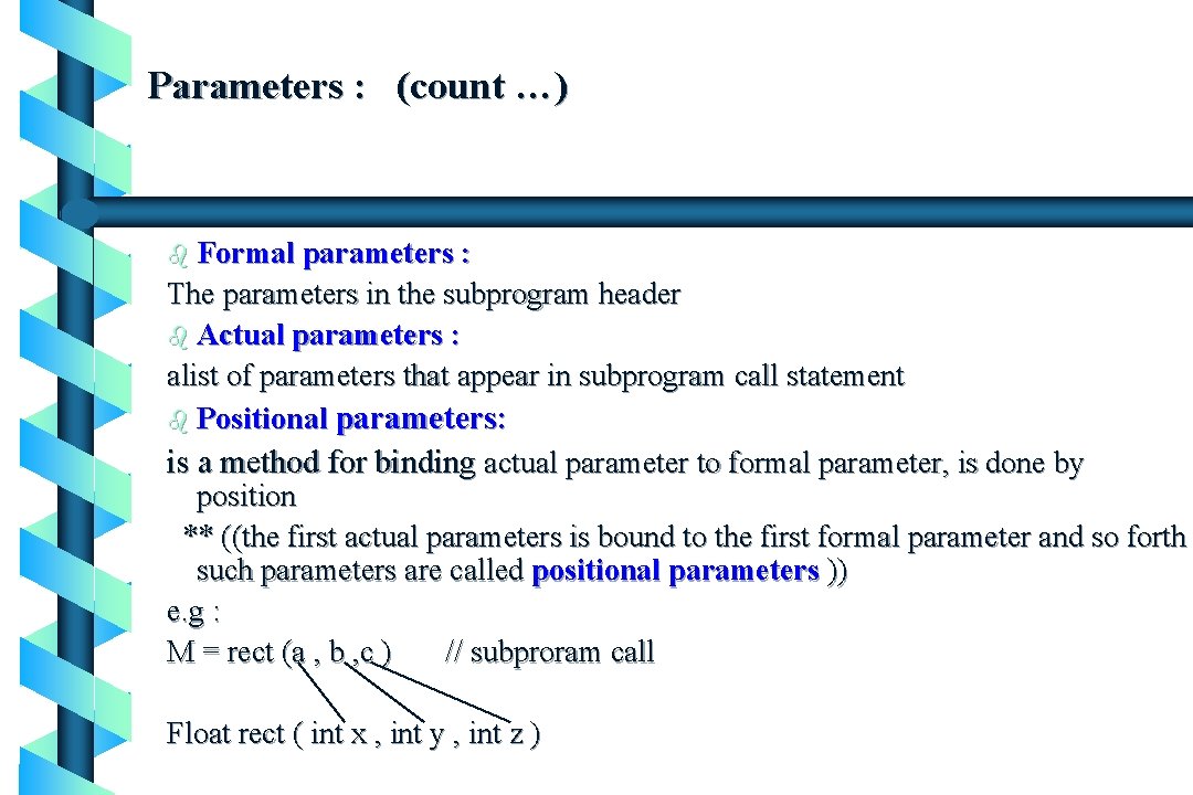 Parameters : (count …) b Formal parameters : The parameters in the subprogram header