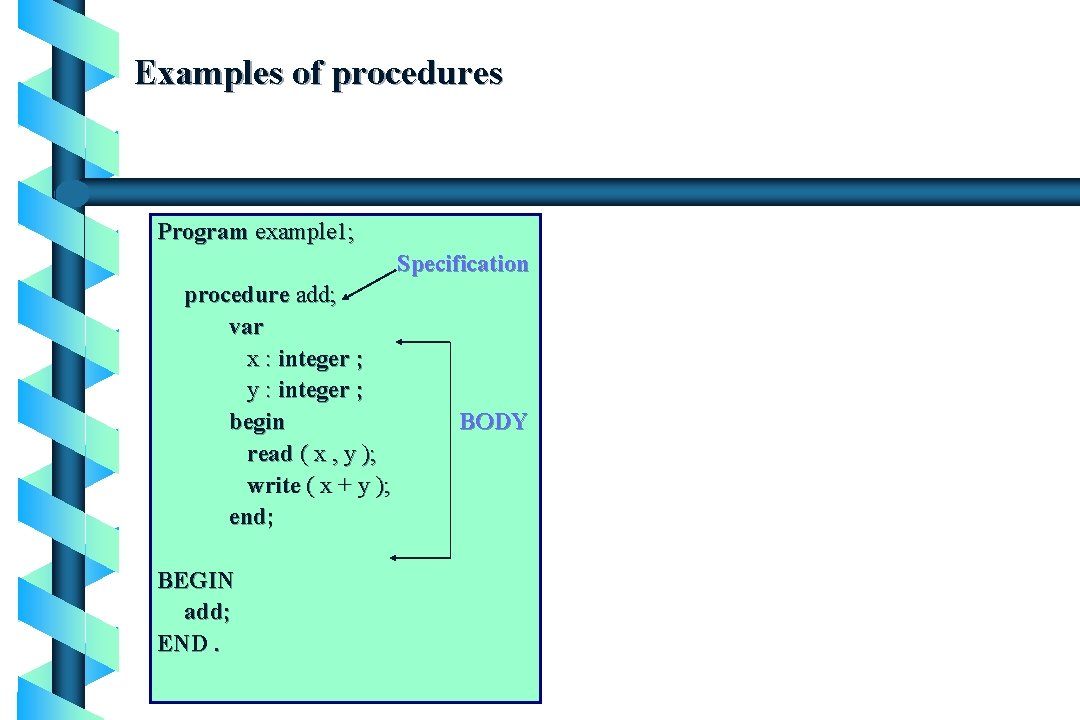 Examples of procedures Program example 1; Specification procedure add; var x : integer ;