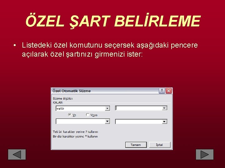 ÖZEL ŞART BELİRLEME • Listedeki özel komutunu seçersek aşağıdaki pencere açılarak özel şartınızı girmenizi