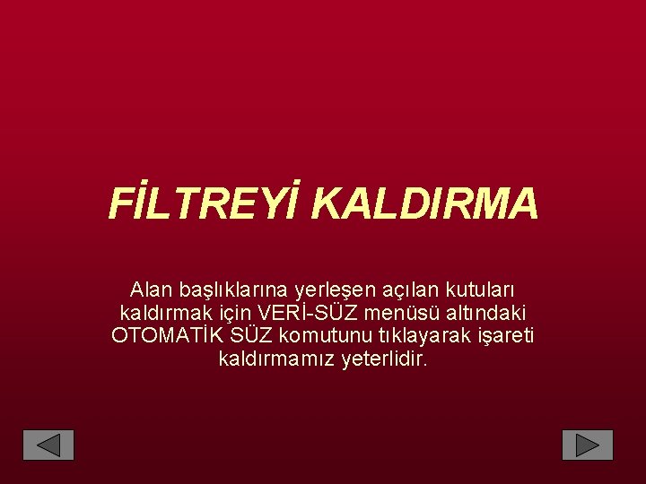 FİLTREYİ KALDIRMA Alan başlıklarına yerleşen açılan kutuları kaldırmak için VERİ-SÜZ menüsü altındaki OTOMATİK SÜZ