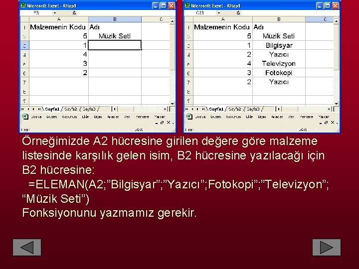 Örneğimizde A 2 hücresine girilen değere göre malzeme listesinde karşılık gelen isim, B 2