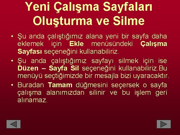 Yeni Çalışma Sayfaları Oluşturma ve Silme • Şu anda çalıştığımız alana yeni bir sayfa