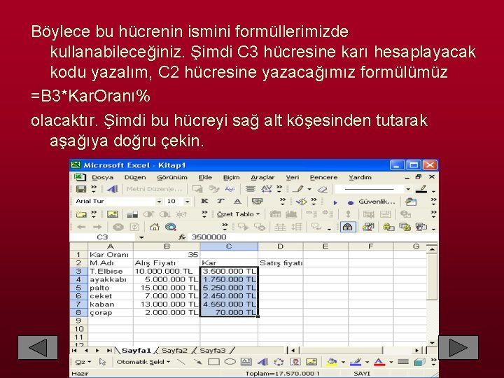 Böylece bu hücrenin ismini formüllerimizde kullanabileceğiniz. Şimdi C 3 hücresine karı hesaplayacak kodu yazalım,