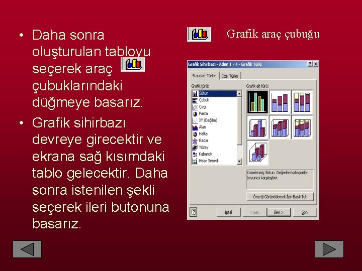  • Daha sonra oluşturulan tabloyu seçerek araç çubuklarındaki düğmeye basarız. • Grafik sihirbazı