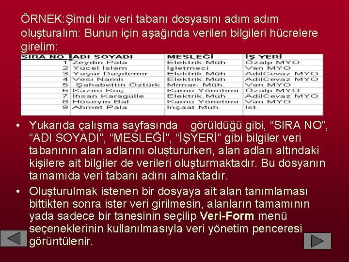 ÖRNEK: Şimdi bir veri tabanı dosyasını adım oluşturalım: Bunun için aşağında verilen bilgileri hücrelere