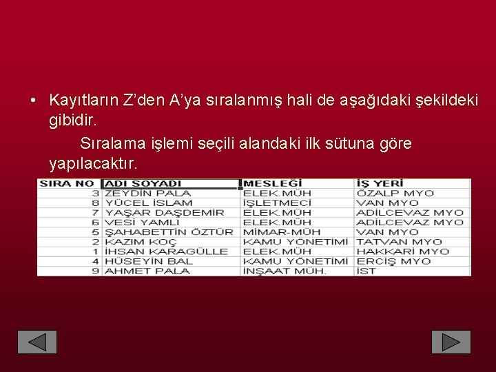  • Kayıtların Z’den A’ya sıralanmış hali de aşağıdaki şekildeki gibidir. Sıralama işlemi seçili