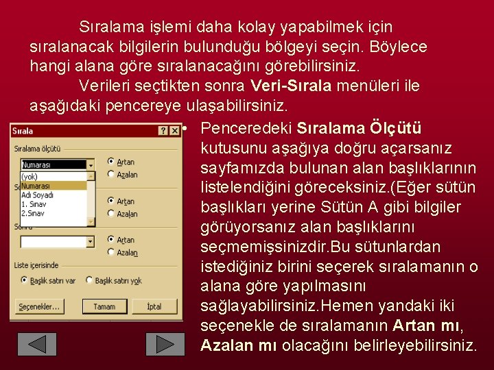 Sıralama işlemi daha kolay yapabilmek için sıralanacak bilgilerin bulunduğu bölgeyi seçin. Böylece hangi alana