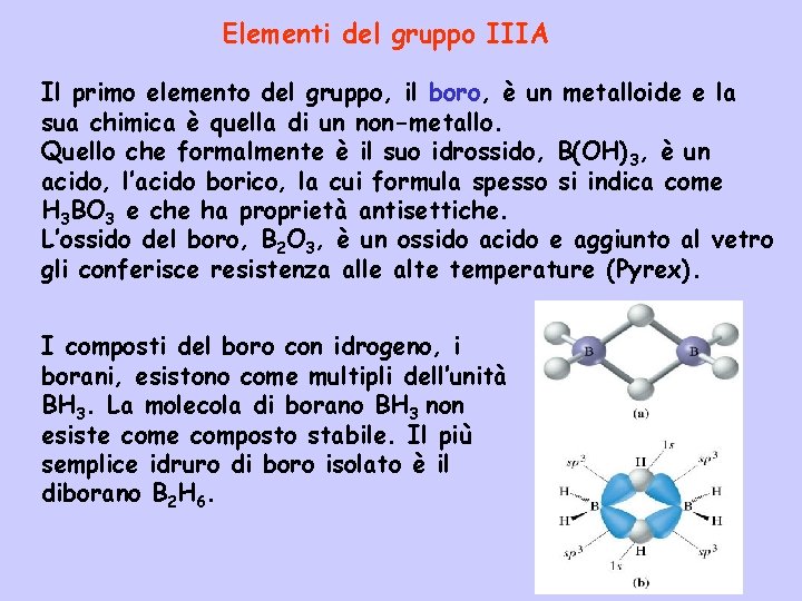 Elementi del gruppo IIIA Il primo elemento del gruppo, il boro, è un metalloide