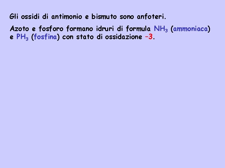 Gli ossidi di antimonio e bismuto sono anfoteri. Azoto e fosforo formano idruri di Gli ossidi di antimonio e bismuto sono anfoteri. Azoto e fosforo formano idruri di