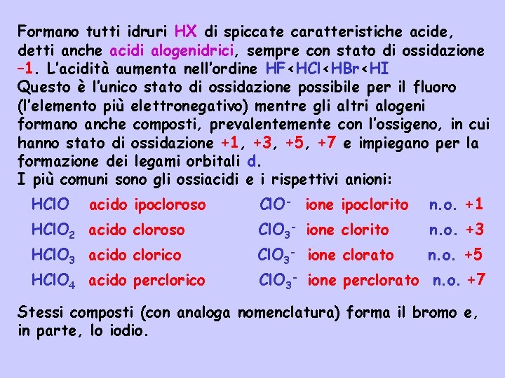 Formano tutti idruri HX di spiccate caratteristiche acide, detti anche acidi alogenidrici, sempre con