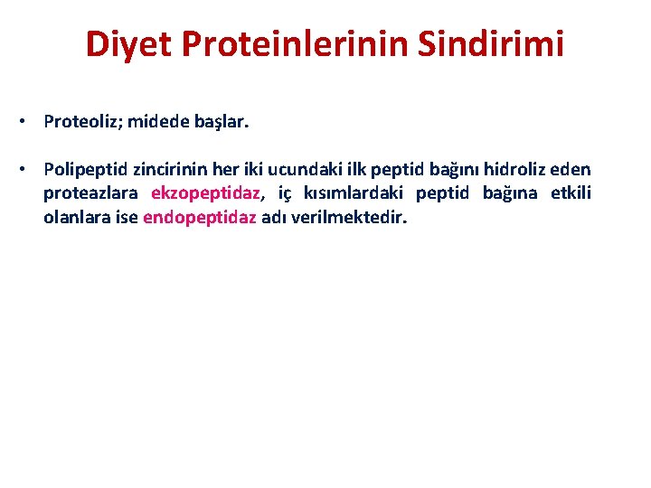 Diyet Proteinlerinin Sindirimi • Proteoliz; midede başlar. • Polipeptid zincirinin her iki ucundaki ilk