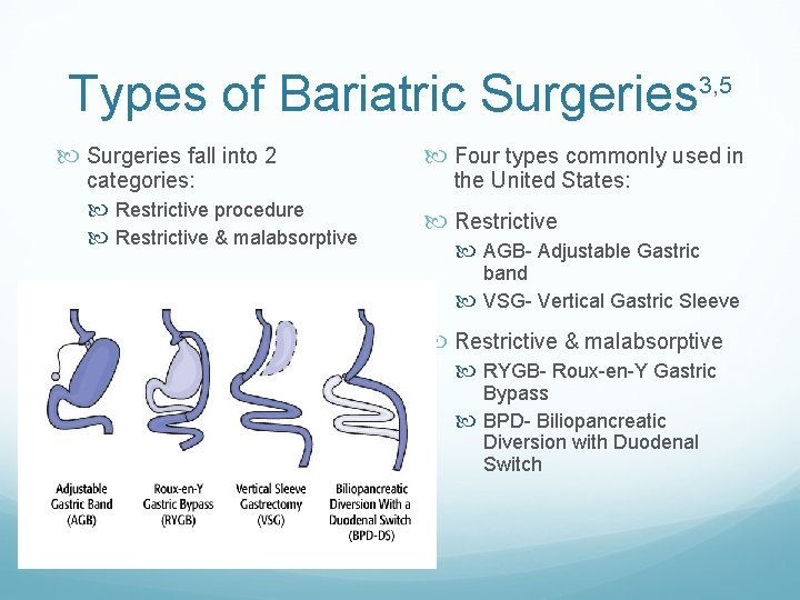 Types of Bariatric Surgeries fall into 2 categories: Restrictive procedure Restrictive & malabsorptive 3,