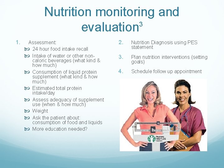 Nutrition monitoring and 3 evaluation 1. Assessment: 24 hour food intake recall Intake of