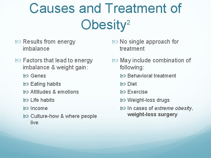 Causes and Treatment of 2 Obesity Results from energy imbalance Factors that lead to