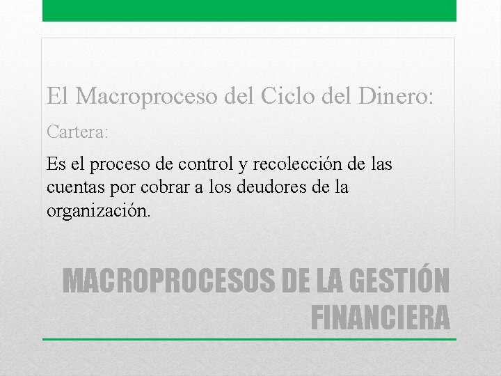 El Macroproceso del Ciclo del Dinero: Cartera: Es el proceso de control y recolección