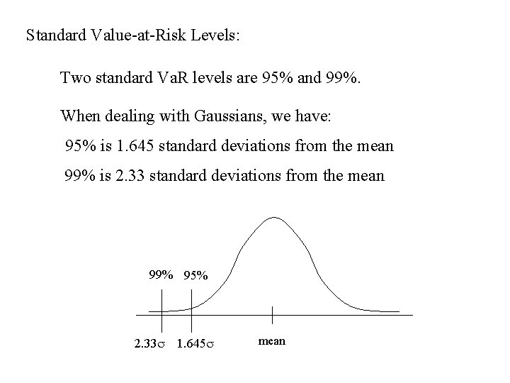 Standard Value-at-Risk Levels: Two standard Va. R levels are 95% and 99%. When dealing