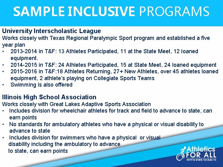 SAMPLE INCLUSIVE PROGRAMS University Interscholastic League Works closely with Texas Regional Paralympic Sport program