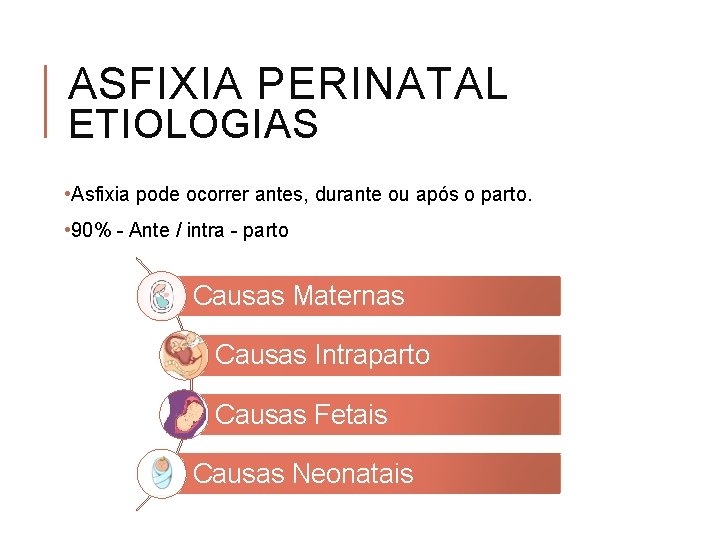 ASFIXIA PERINATAL ETIOLOGIAS • Asfixia pode ocorrer antes, durante ou após o parto. •