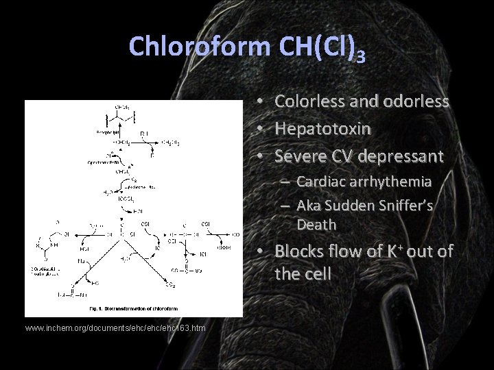 Chloroform CH(Cl)3 • • • Colorless and odorless Hepatotoxin Severe CV depressant – Cardiac