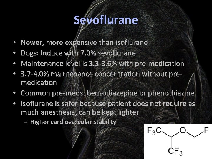 Sevoflurane Newer, more expensive than isoflurane Dogs: Induce with 7. 0% sevoflurane Maintenance level