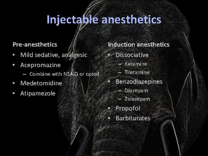 Injectable anesthetics Pre-anesthetics • Mild sedative, analgesic • Acepromazine – Combine with NSAID or