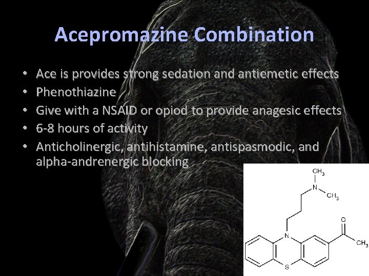 Acepromazine Combination • • • Ace is provides strong sedation and antiemetic effects Phenothiazine