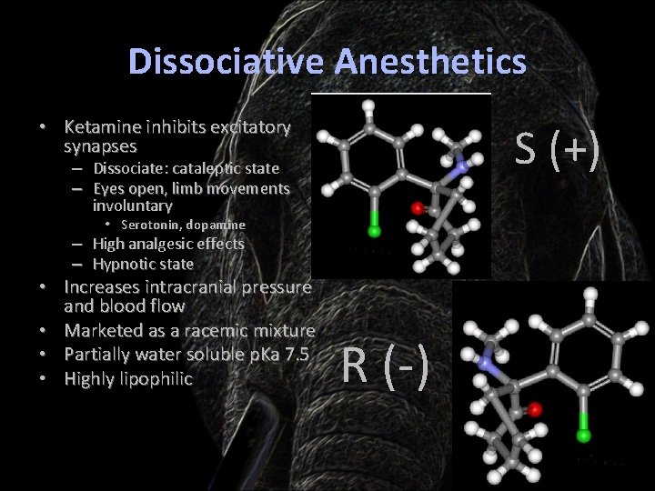 Dissociative Anesthetics • Ketamine inhibits excitatory synapses S (+) – Dissociate: cataleptic state –