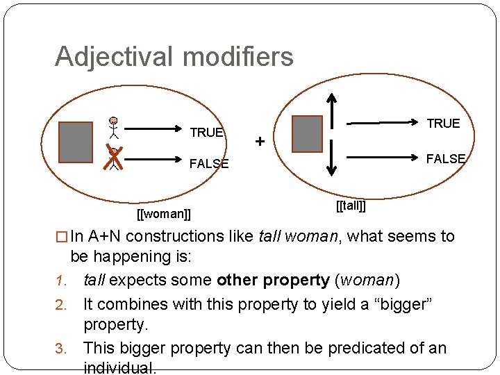 Adjectival modifiers TRUE + FALSE [[woman]] [[tall]] � In A+N constructions like tall woman,