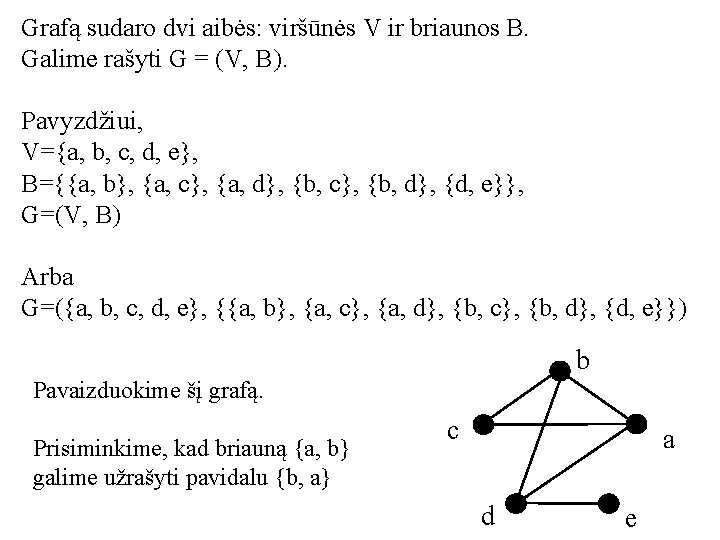 Grafą sudaro dvi aibės: viršūnės V ir briaunos B. Galime rašyti G = (V,