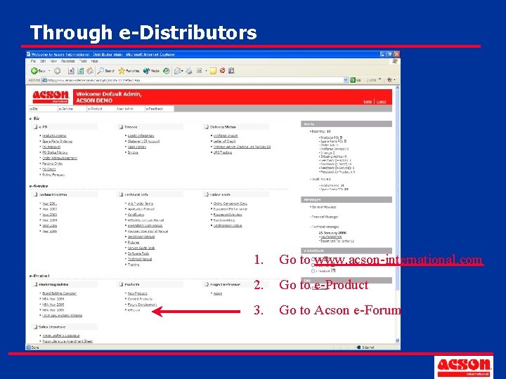 Through e-Distributors 1. Go to www. acson-international. com 2. Go to e-Product 3. Go