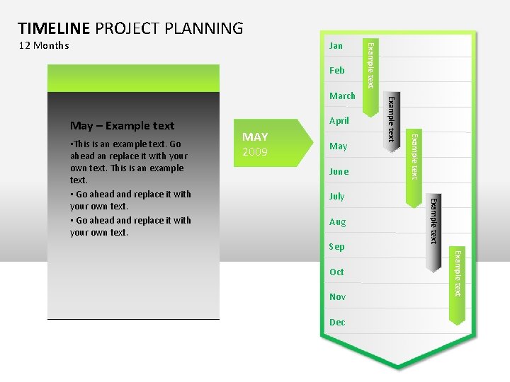 TIMELINE PROJECT PLANNING Jan Feb May – Example text MAY 2009 May June Aug