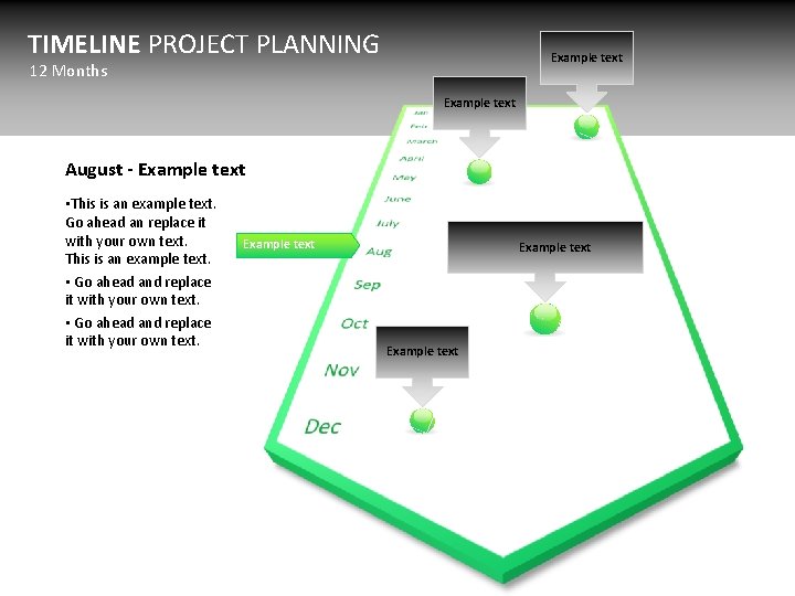 TIMELINE PROJECT PLANNING Example text 12 Months Example text August - Example text •