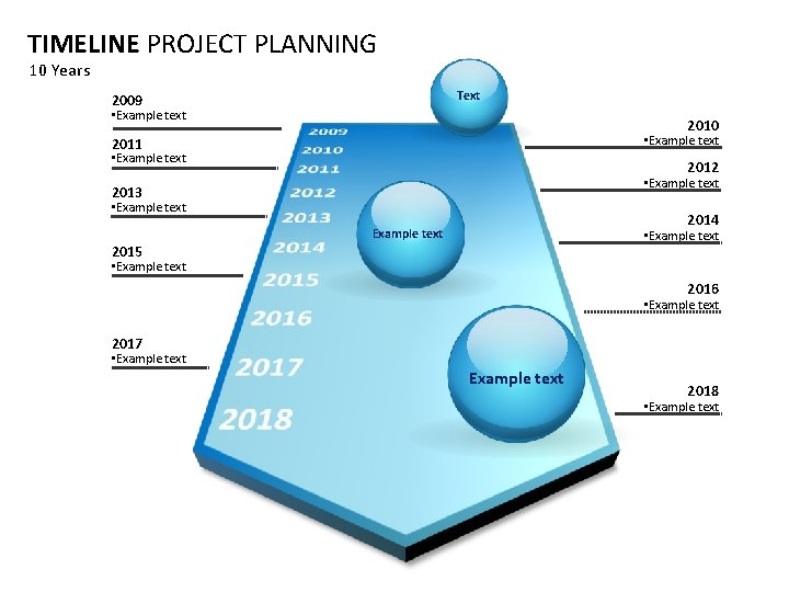 TIMELINE PROJECT PLANNING 10 Years Text 2009 • Example text 2010 • Example text