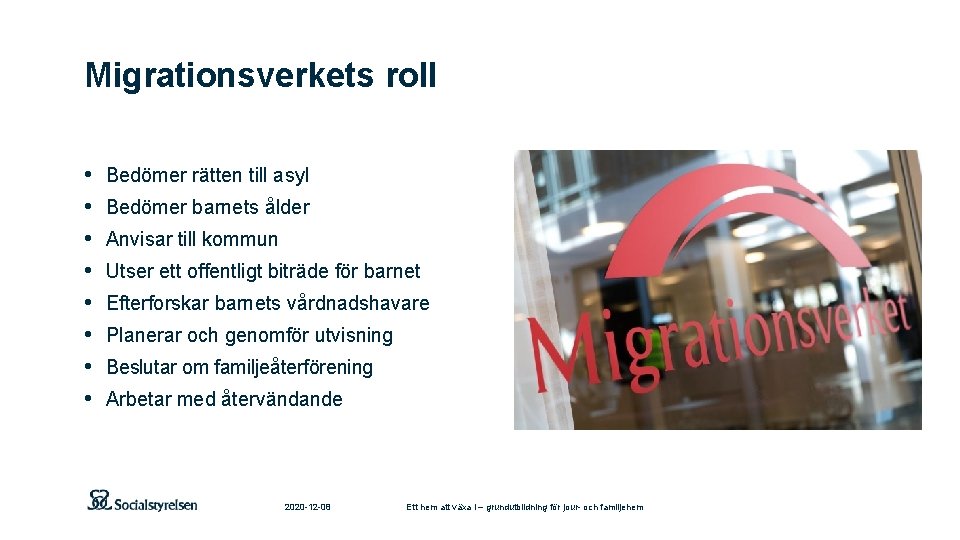 Migrationsverkets roll • • Bedömer rätten till asyl Bedömer barnets ålder Anvisar till kommun