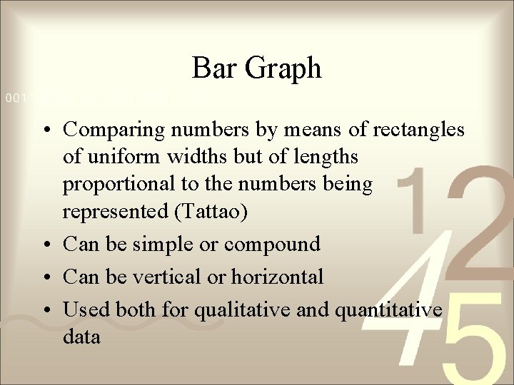 Bar Graph • Comparing numbers by means of rectangles of uniform widths but of