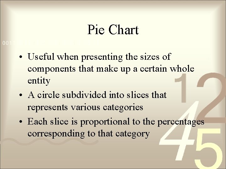 Pie Chart • Useful when presenting the sizes of components that make up a