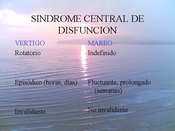 SINDROME CENTRAL DE DISFUNCION VERTIGO Rotatorio MAREO Indefinido Episódico (horas, días) Fluctuante, prolongado (semanas)