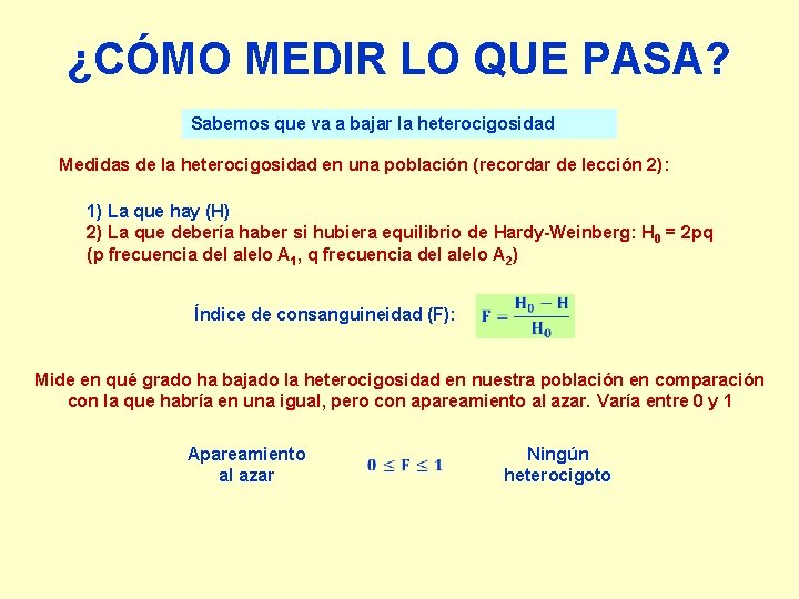 ¿CÓMO MEDIR LO QUE PASA? Sabemos que va a bajar la heterocigosidad Medidas de