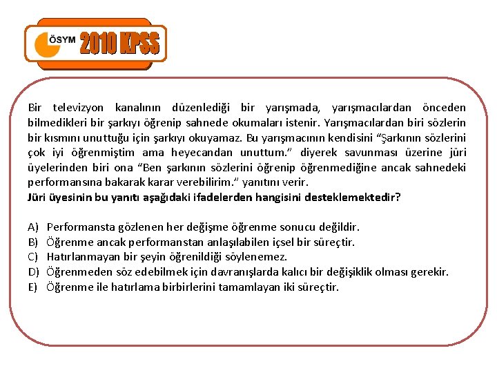 Bir televizyon kanalının düzenlediği bir yarışmada, yarışmacılardan önceden bilmedikleri bir şarkıyı öğrenip sahnede okumaları