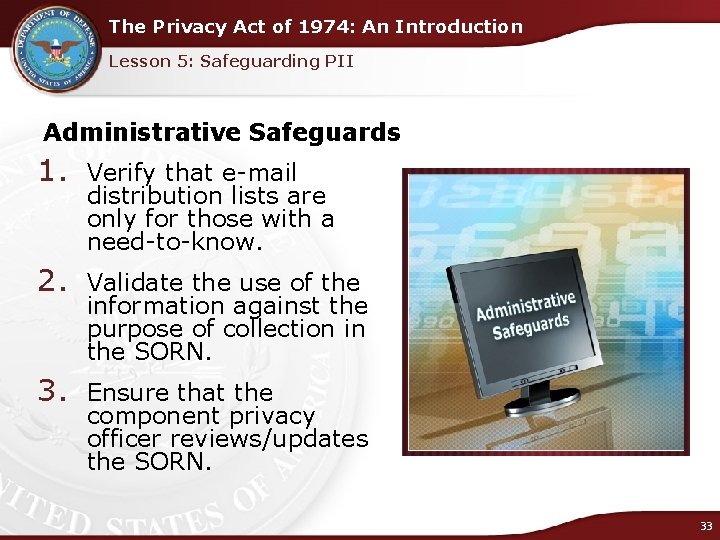 The Privacy Act of 1974: An Introduction Lesson 5: Safeguarding PII Administrative Safeguards 1.