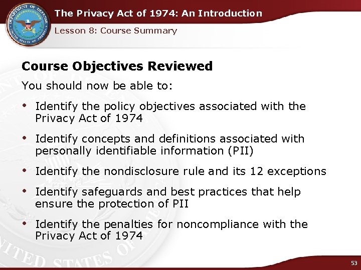 The Privacy Act of 1974: An Introduction Lesson 8: Course Summary Course Objectives Reviewed