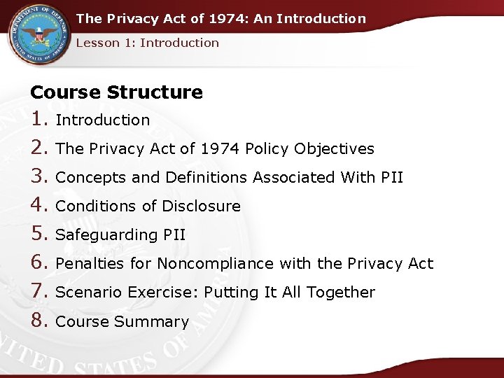 The Privacy Act of 1974: An Introduction Lesson 1: Introduction Course Structure 1. Introduction