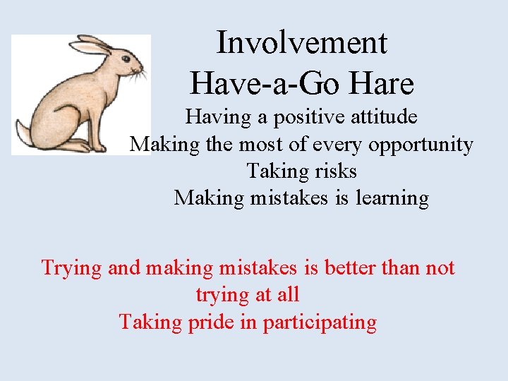 Involvement Have-a-Go Hare Having a positive attitude Making the most of every opportunity Taking